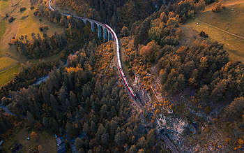 Bernina Express (red train) in Switzerland, landscape, bridge, train, switzerland HD wallpaper