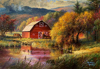 Green Mountain Farm, artwork, barn, horses, painting, landscape, trees, mountains, pond HD wallpaper