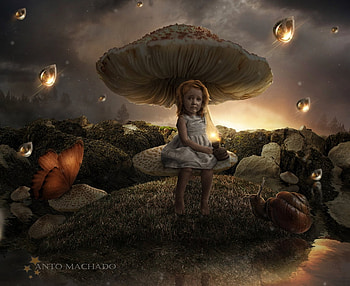 When I cry, sky cries, rain, tears, nail, water drops, girl, mushroom, snail, copil, dark, antoshines, butterfly, fantasy, luminos, child HD wallpaper