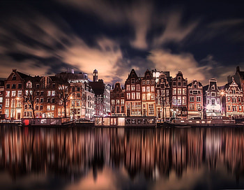 Amsterdam Skyline, Netherlands at night, City lights, Reflections HD wallpaper
