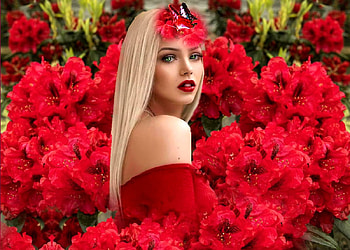 Blonde In Red, pretty, blonde, beauty, red, butterfly HD wallpaper