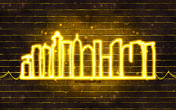 Doha yellow neon silhouette, , yellow neon lights, Doha skyline silhouette, yellow brickwall, qatari cities, neon skyline silhouettes, Qatar, Doha silhouette, Doha HD wallpaper
