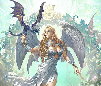 Angel and dragon, wings, blue, white, angel, girl, feather, fantasy, dragon, luminos, donfoo HD wallpaper