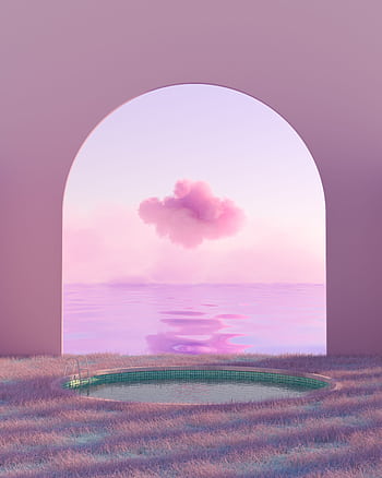 Dreamy digital artwork featuring a pink cloud, archway, and serene pool reflection at dawn. HD phone wallpaper