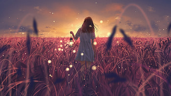 Girl with lantern, grass, landscape, outdoor HD wallpaper