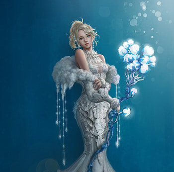 Healer of Cotton flower, healer, blue, white, fantasy, cotton flower, art, girl, jeong hwa yang HD wallpaper