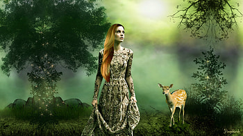Forest Girl, fantasy, art, deer, forest, woman HD wallpaper