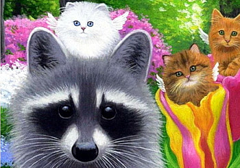 Buddies, artwork, kitten, painting, raccoon, flowers, tulips HD wallpaper