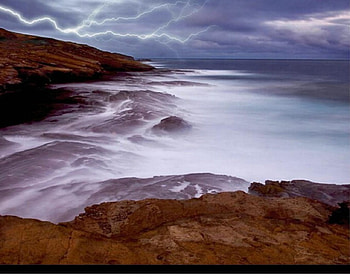 storm, lightening, clouds, water, rocks HD wallpaper