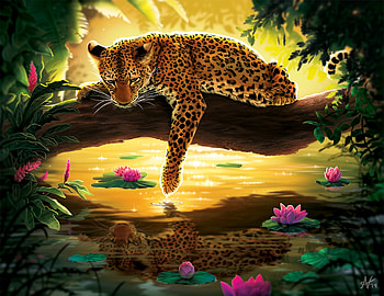 Water, Art, Water Lilies, Wood, Leopard, Tree HD wallpaper