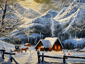 Winter Cabin, Snow, Cabin, Winter, Calendar, Painting, Mountains HD wallpaper