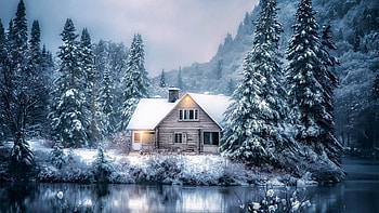 Winter cabin, Lake, House, Trees, Snow HD wallpaper