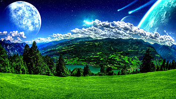 Lovely Mountains, trees, sky, mountains, moon HD wallpaper
