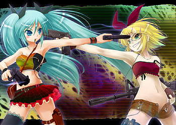 Miku VS Rin, rin kagamine, guns, vocaloid, vocaloid 2, miku hatsune HD wallpaper