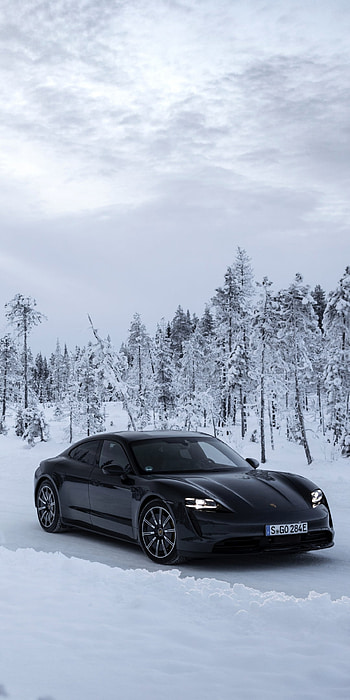 black car, snow, winter, Porsche, vehicle HD phone wallpaper
