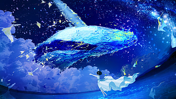 Manta Rays Flying Whales Anime Girl, whale, anime-girl, blue, sky, artist, artwork, art, digital-art, pixiv HD wallpaper