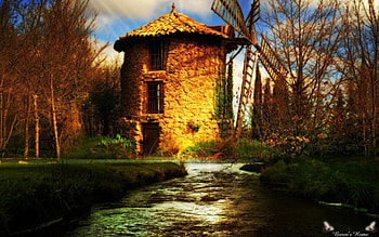 Windmill, river, forest, art HD wallpaper