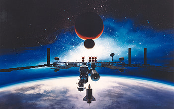 Space station, spacecraft, planet, space, fantasy HD wallpaper