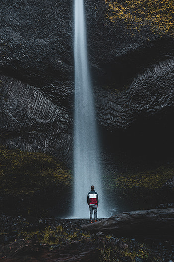 Water, Stones, Rock, Miscellanea, Miscellaneous, Waterfall, Human, Person HD phone wallpaper