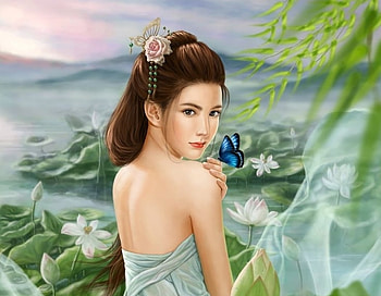 Oriental beauty, asian, girl, lake, summer, butterfly, flower, green, water, lotus HD wallpaper