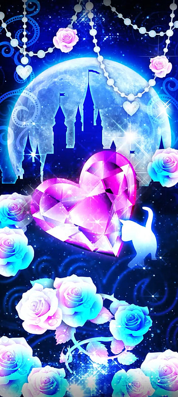 Dark Castle and Cat, electric blue, flowers, pink, Moon, Star, House, Premium HD phone wallpaper