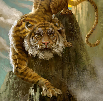 Year of the Tiger, sunset, golden, art, tiger, chinese, pisici, zodiac, fantasy, yellow, tigru, luminos, pipei, pi pei HD wallpaper