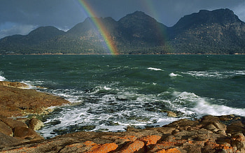 Ocean Rainbow, nature, mountains, rainbow, ocean HD wallpaper