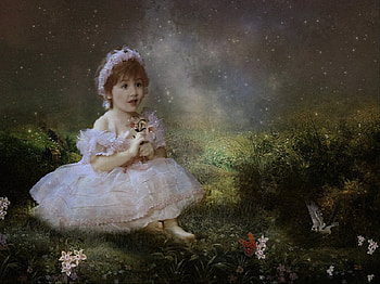 Fairytale forest, butterflies, beautiful, grass, girl, dress, forest, child, innocence HD wallpaper