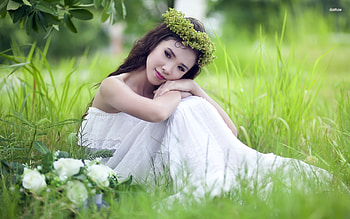 splendour in the grass, girl, grass, asian, brunette HD wallpaper