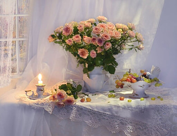 Autumn roses, Roses, Grapes, Candlestick, Mood HD wallpaper