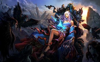 female victim, blue sky, vampires, throne, clouds, woman, demon HD wallpaper