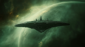 Deep space station, sci-fi environment, space, space station, green, planet HD wallpaper