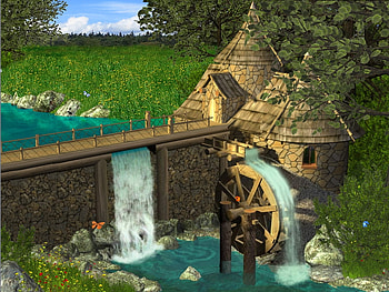 Waer Mill By Ramiz, butterflies, 3d, milll, water, lake HD wallpaper