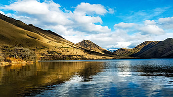 Moke lake, New Zealand, hills, landscape, clouds, sky, water, reflections HD wallpaper