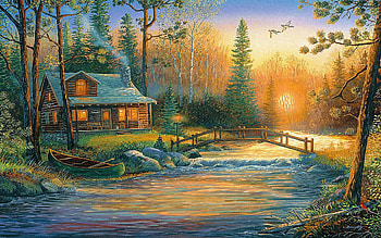 Home Security, artwork, river, painting, trees, bridge, forest, sunset, cabin HD wallpaper