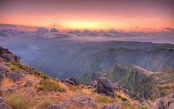 Nature, Grass, Stones, Mountains, Fog, Break, Precipice, Morning HD wallpaper