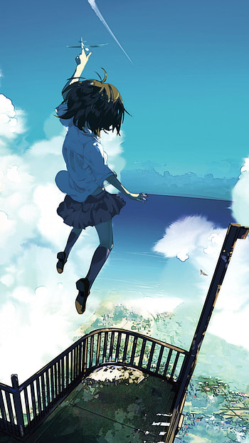 Skyward Leap Skybound Schoolgirl Balcony to Blue — Anime, skirt, brown hair, short hair, cloud, sky, airplane, Anime, Original, Sky Anime HD phone wallpaper
