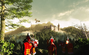 Journey to the castle, horseman, fantasy, art, trees, castle HD wallpaper