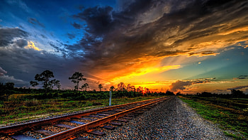 Colorful Sky, trees, landscape, clouds, railways, sunset HD wallpaper