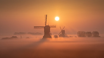 Windmill, mist, fog, sunset HD wallpaper