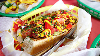 Hot dog , Juicy frankfurter, Grilled perfection, Fluffy bun HD wallpaper