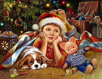 Waiting for Santa, dog, waiting, christmas, tree HD wallpaper