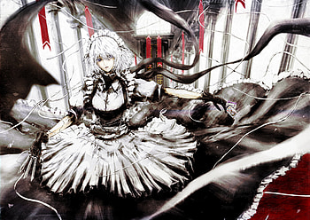 Izayoi Sakuya, dagger, maid headdress, knife, female, sexy, sweet, ribbon, hot, gloves, play card, anime girl, maid, white hair, cool, touhou, card, scarf HD wallpaper