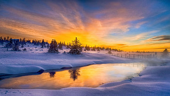 Sunset at the River, snow, winter, trees, colors, landscape, sky, ice HD wallpaper