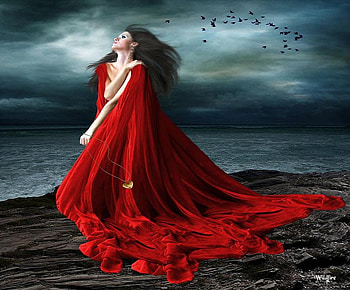 Passion, am, rocks, locket, beauty, stormy, wo, birds in flight, grey clouds, red gown, water, ocean HD wallpaper