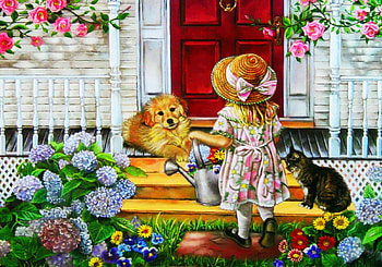 Home, sweet home, dog, door, painting, house, cat, girl, flowers HD wallpaper