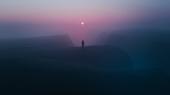 Foggy Horizons Person Standing At A Top Of Mountains, alone, sunset, mountains, fog, artist, artwork, digital-art HD wallpaper