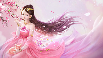 Fantasy girl, frumusete, yongliang zhao, girl, spring, pink, fantasy, flower, luminos, blossom HD wallpaper