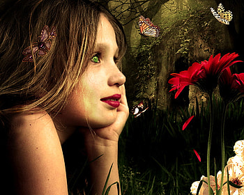 Green-Eyed Fairy, fairy, fantasy, pretty, green-eyed, red flower HD wallpaper