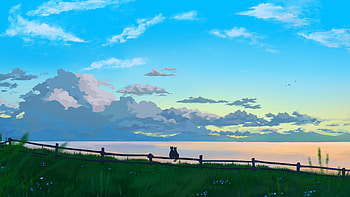 Cat Watching Over A Sea Of Clouds, cat, sea, clouds, artist, artwork, digital-art, pixiv HD wallpaper